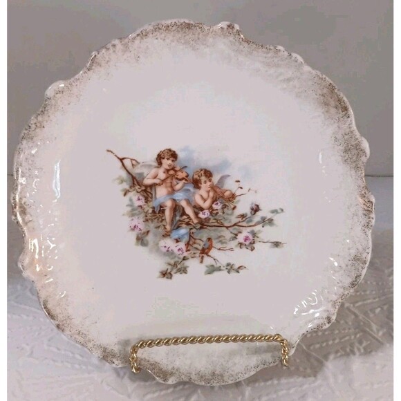 Vintage hand painted porcelain plate Two Cherubs  Amidst Branches & Flowers - Picture 5 of 9